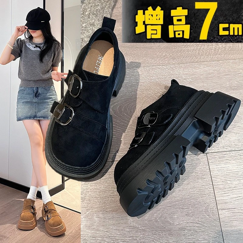 黑色厚底大头勃肯鞋女2025春季新款小个子增高乐福鞋百搭休闲单鞋