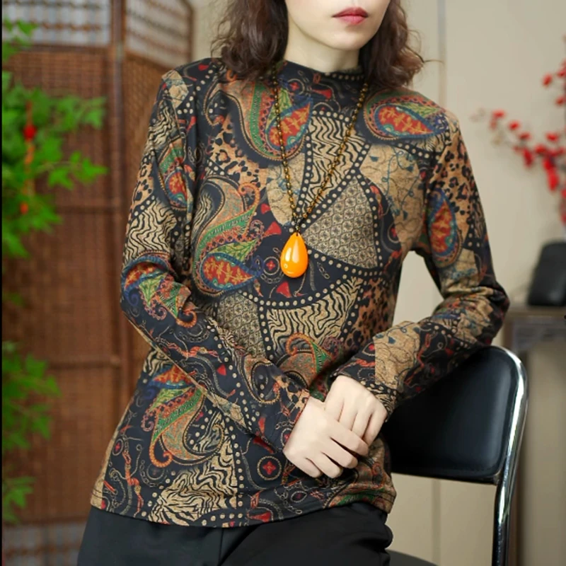 多色  中老年妈妈装春秋打底衫印花宽松型半高领T恤弹力衣服洋气
