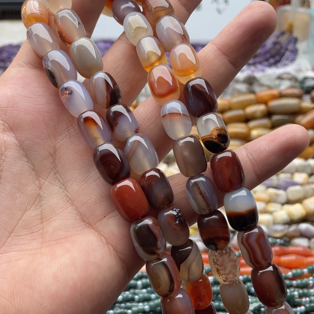玛瑙/玉髓合金珠宝半成品一条装飘花玛瑙桶珠11^14mm左右