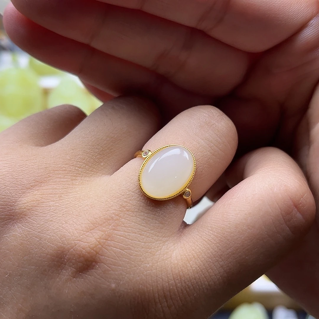 和田玉戒指银S925镶嵌藕粉