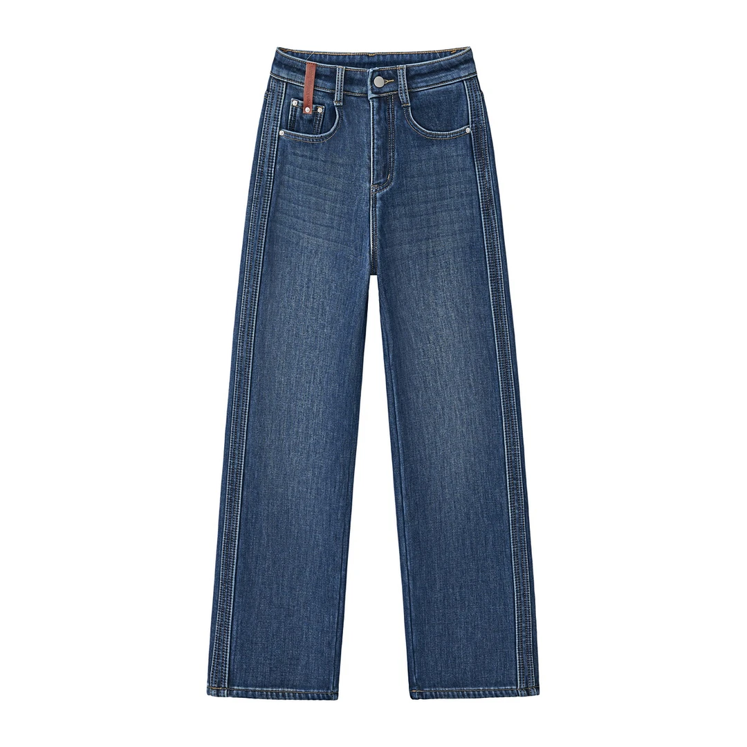 【嘉人有约】牛仔裤女秋冬季加绒加厚直筒宽松阔腿高腰显瘦休闲1353