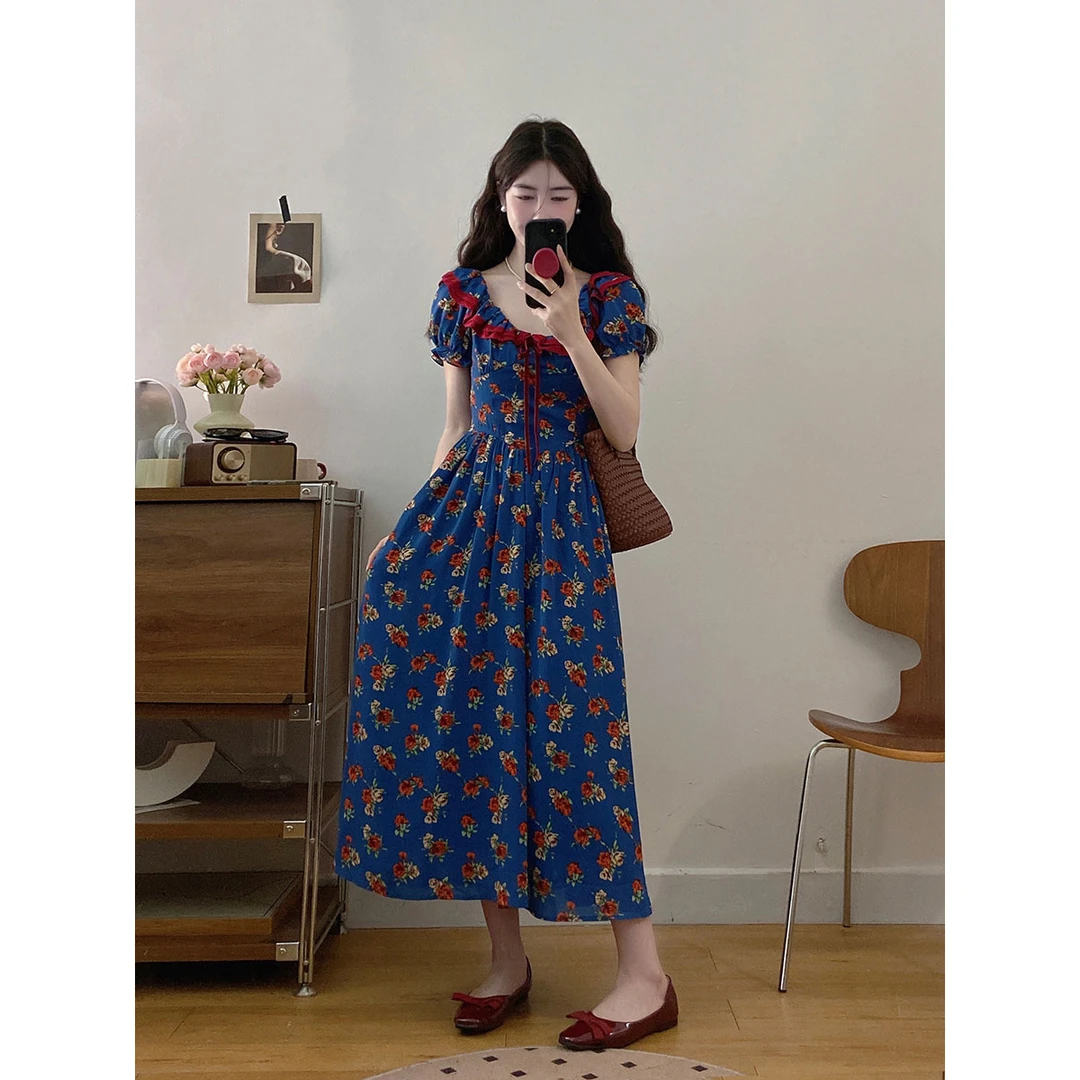 夏季新款大码女装法式复古收腰碎花连衣裙女胖MM新款藏肉显瘦长裙