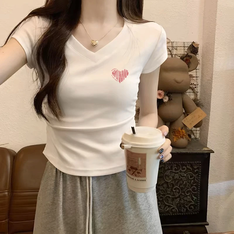 不规则褶皱V领短袖t恤女夏季设计感修身短款小个子正肩体恤上衣