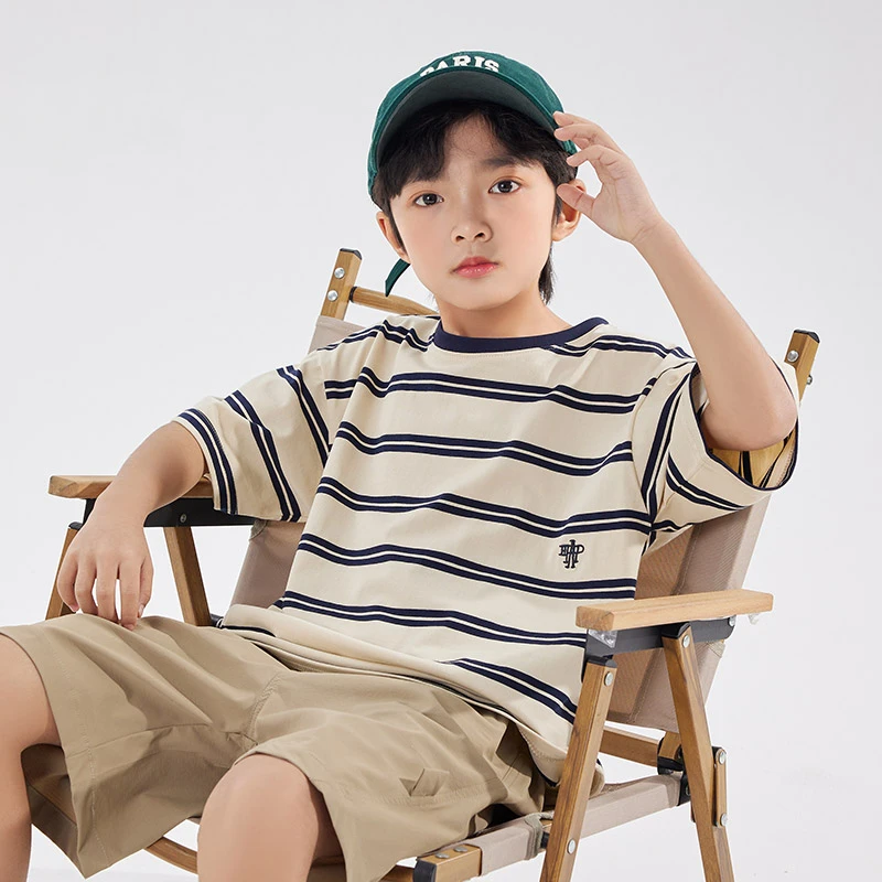 2025夏新款中大男童条纹短袖T恤透气童装儿童青少年休闲体恤上衣
