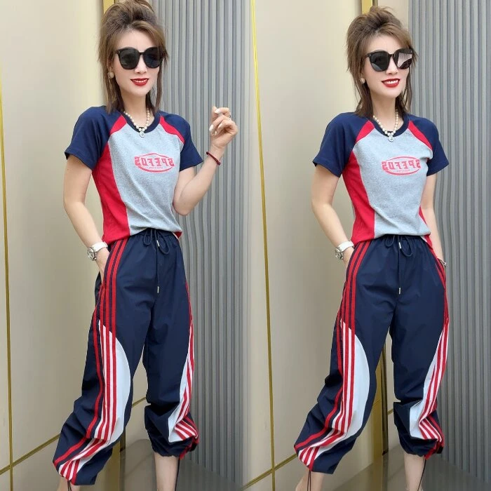 撞色条纹短袖T恤+修身束脚裤两件套