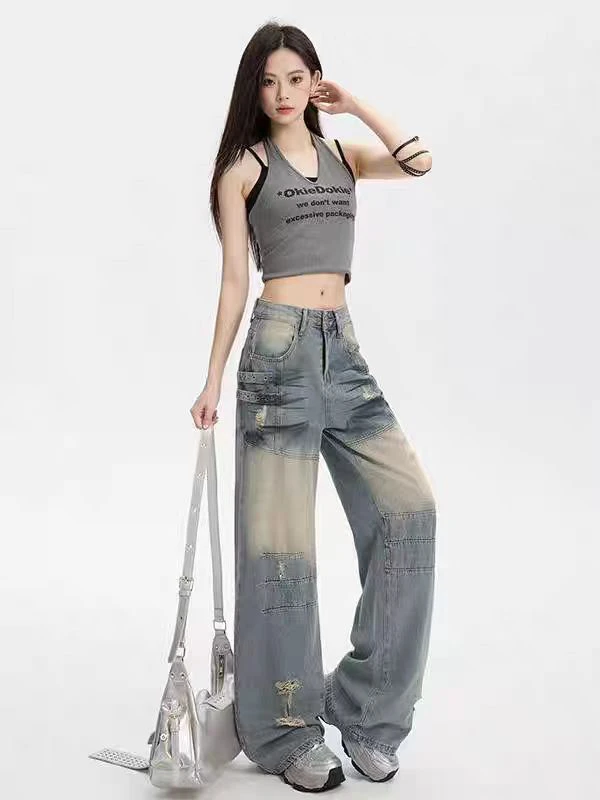 夏季薄款做旧复古破洞阔腿牛仔裤女宽松阔腿休闲裤