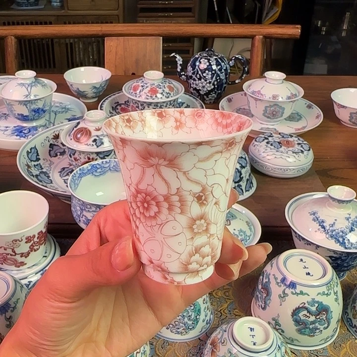 重工釉下红万花闻香杯纯手绘