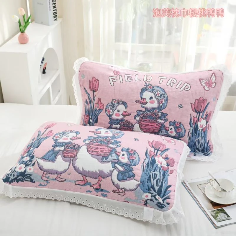 【樱桃鸭鸭】直边52*78cm 加厚纱布成人枕巾一对装