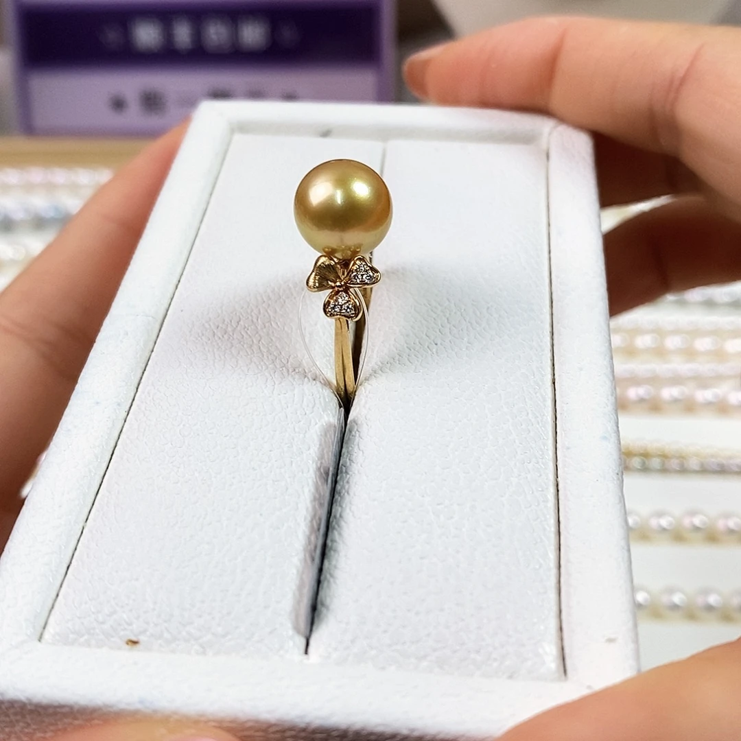 18K金镶嵌海水珍珠戒圈10-11mm南洋金珠戒指（基本无暇）