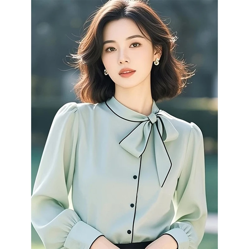 2025超火春季重要场合小衫洋气女士绿色蝴蝶结衬衫法式高级感上衣
