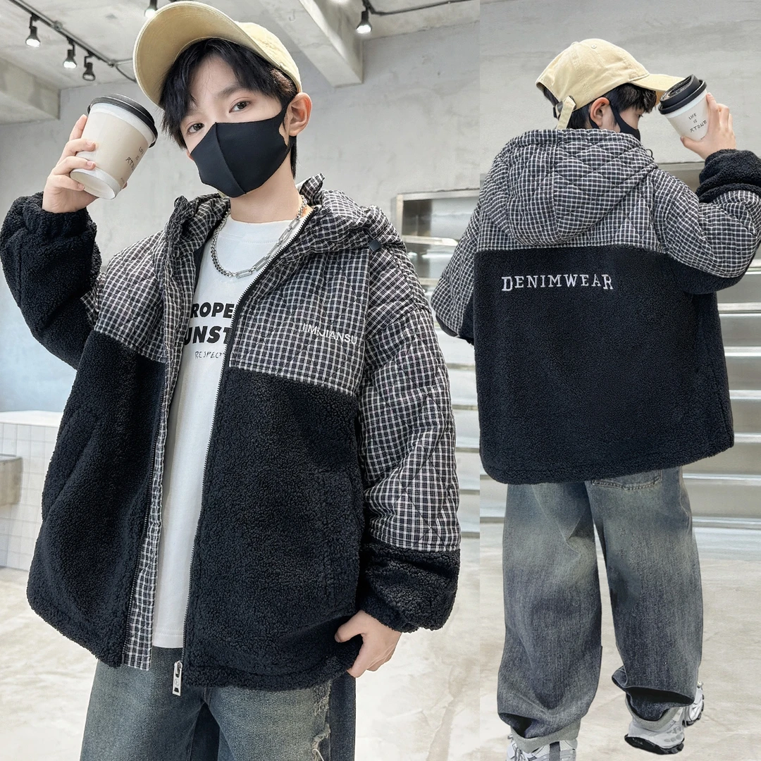 男童加棉外套秋冬款2025新款加厚中大童夹棉摇粒绒冬季拼色毛毛衣