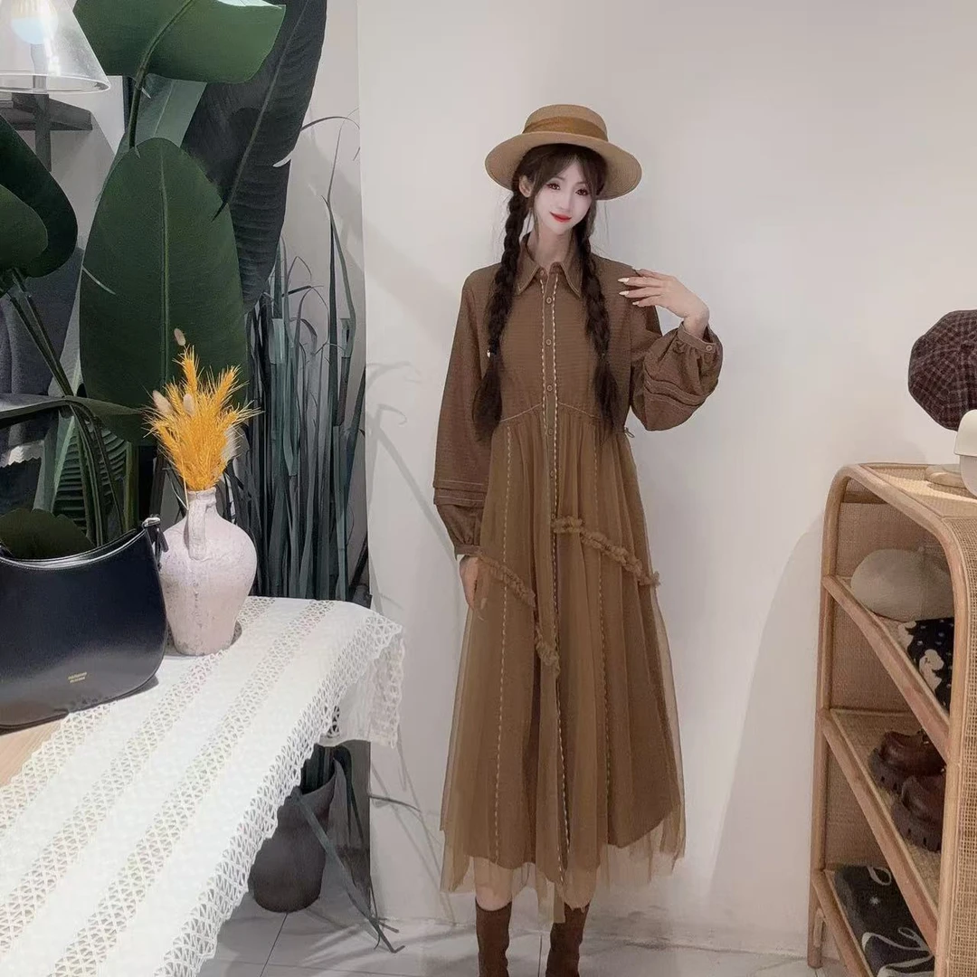 PA30723148B韩系风设计师款小翻领减龄/俏皮文艺长袖中长款连衣裙