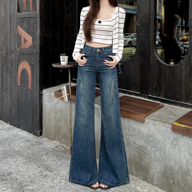 2025秋季新款复古蓝美式设计牛仔裤女高腰显瘦喇叭阔腿拖地裤子