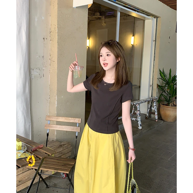 FUGUI RICH小个子短袖T恤纯色拼接设计感百搭圆领上衣26251T8399