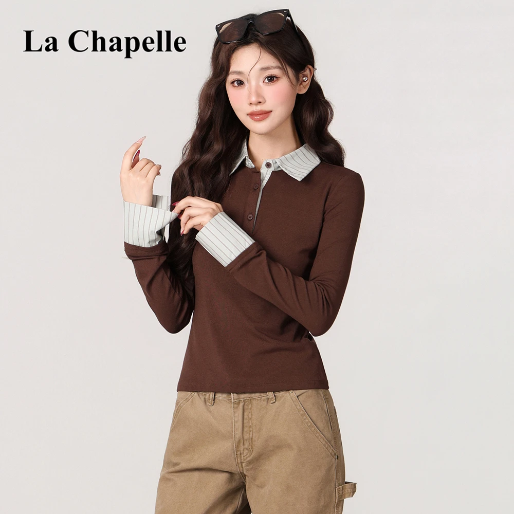 拉夏贝尔洋气时尚polo领长袖T恤女内搭修身显瘦秋冬独特打底上衣