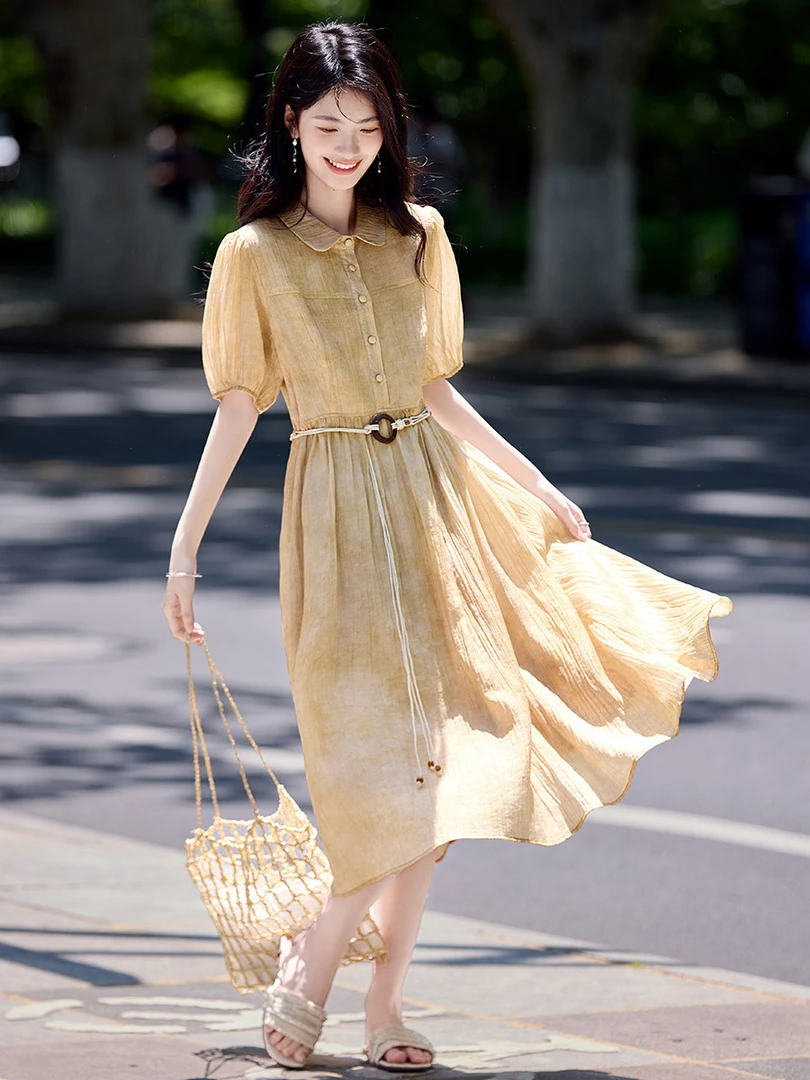 莱赛尔高级感连衣裙女夏薄款POLO领设计感系带收腰中长款显瘦裙子