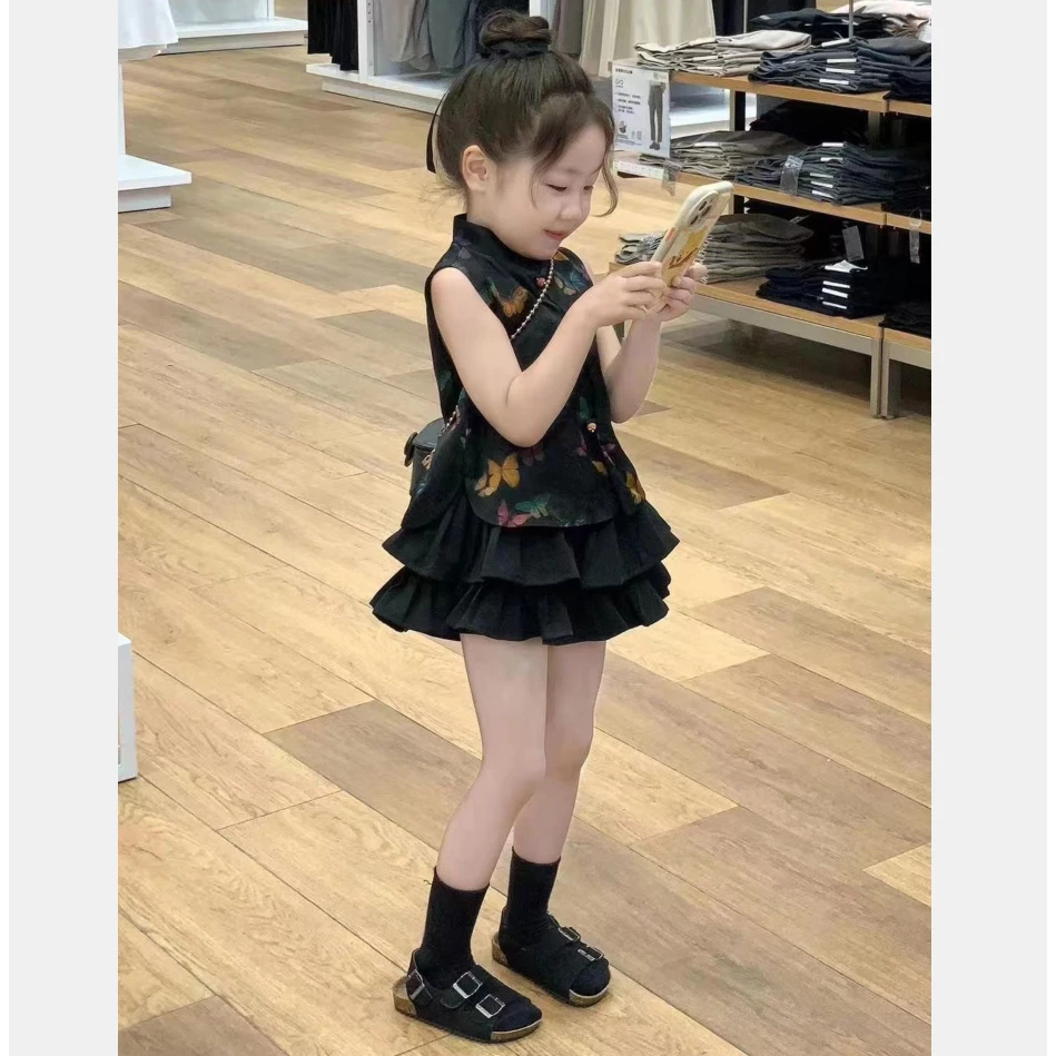 圆现货 女童夏季套装女宝宝新中式百褶短裙裤洋气两件套9019