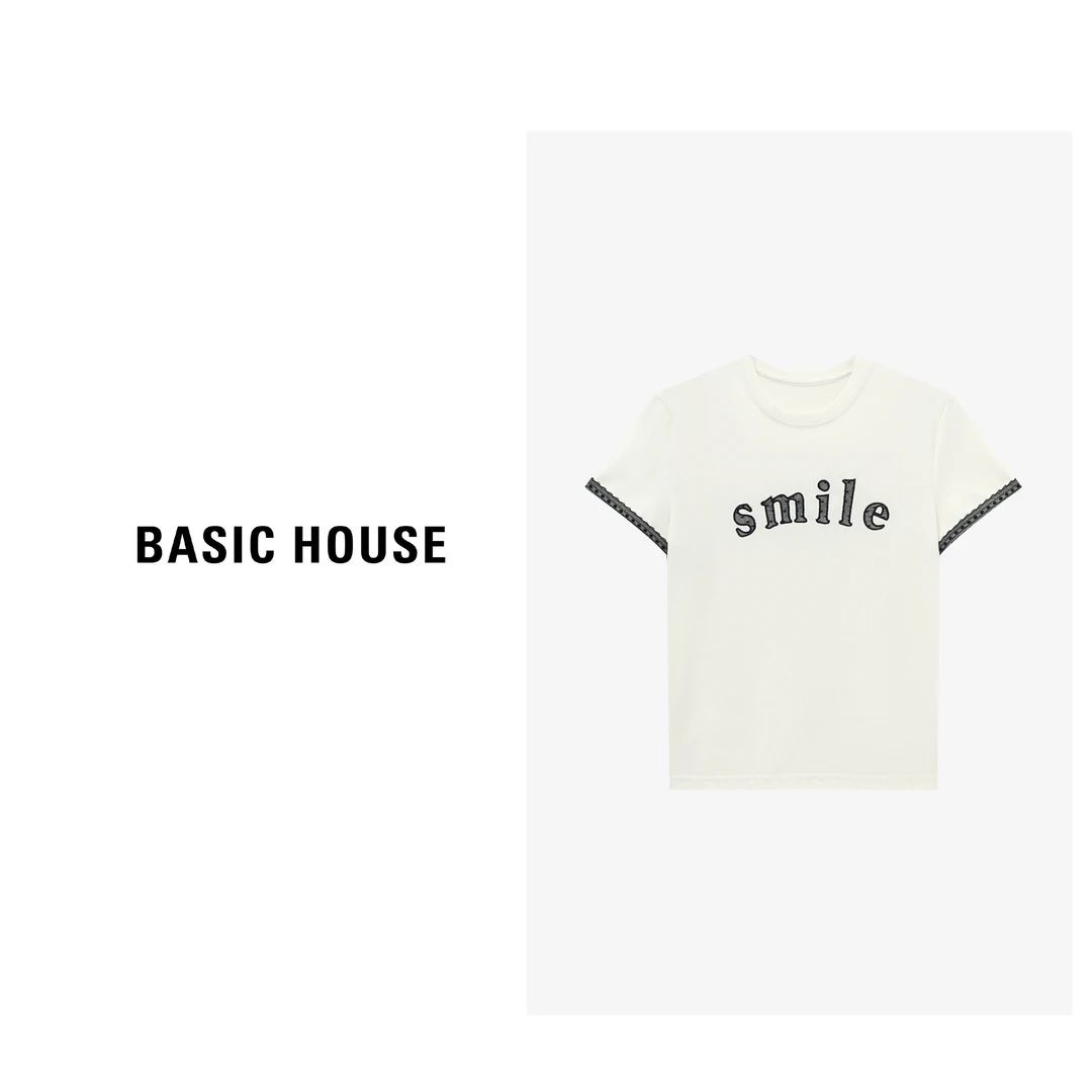 Basic House/百家好夏季刺绣休闲圆领字母短袖T恤-B0625B5BMJ2