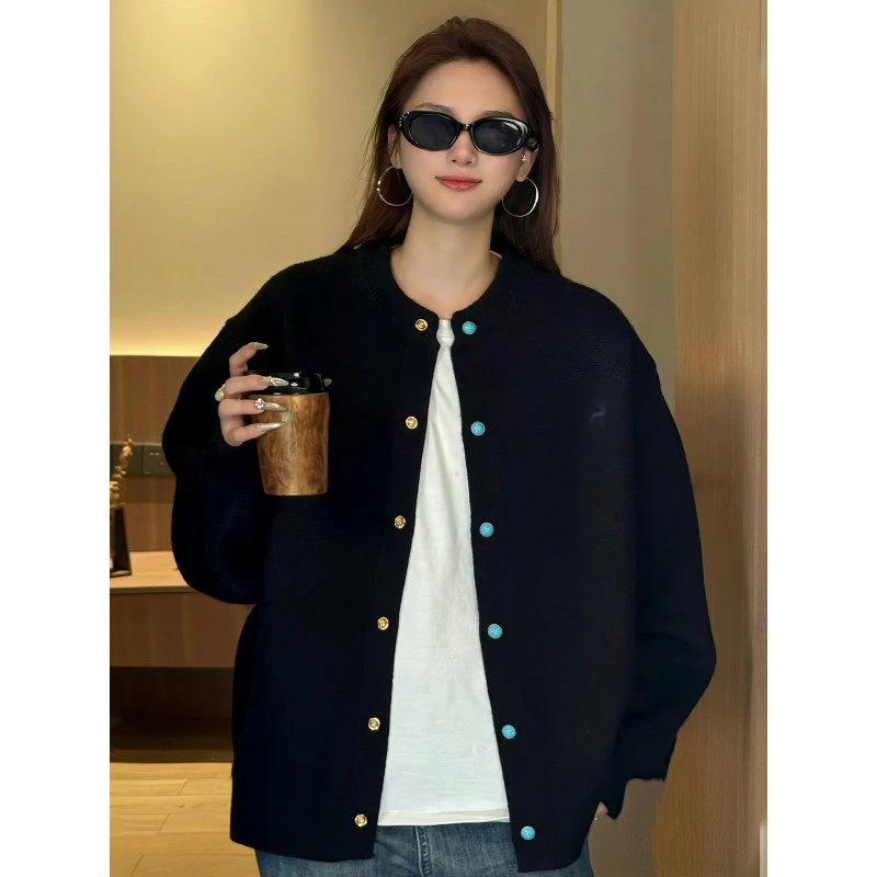 老钱风绿松石针织衫外套男女款秋季正肩高级感慵懒风开衫灰色毛衣