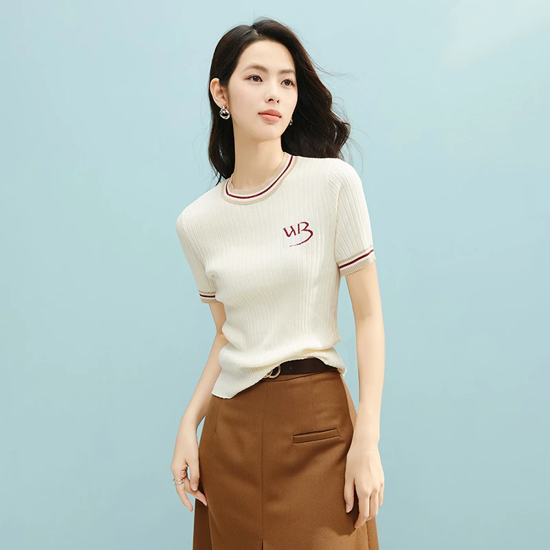 晚白【新品】2025夏上衣撞色针织衫女25021814