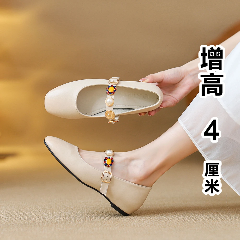 真皮复古法式单鞋内增高2025新款鞋子女款夏季浅口方头玛丽珍女鞋