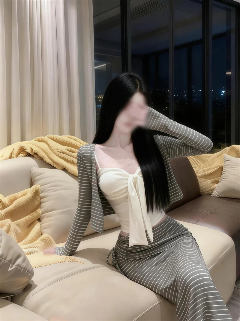 纯欲风绑带背心女装条纹休闲长袖开衫秋季性感抽绳半身裙三件套