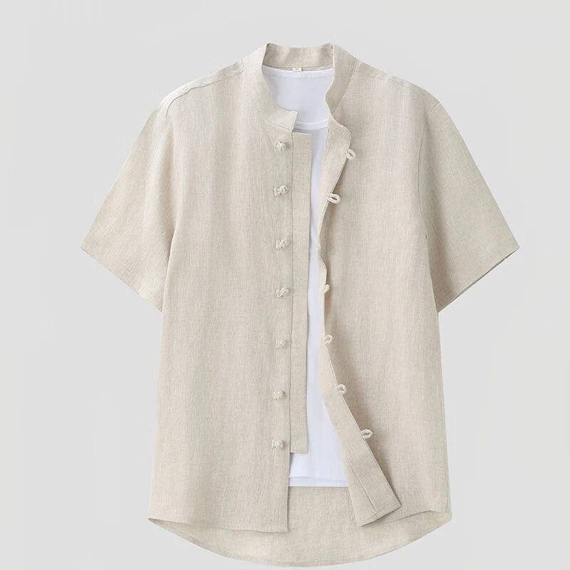 中国风短袖衬衫男夏季薄款盘扣唐装100%亚麻上衣宽松休闲半袖