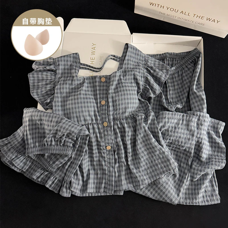 夏季爆款带胸垫小飞袖三件套装睡衣女士可外穿吊带短裤家居服套装