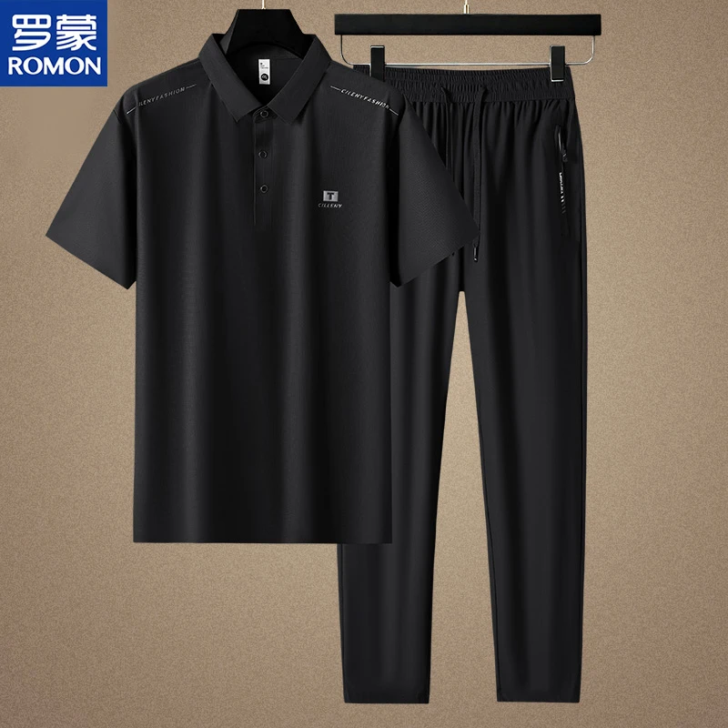 Romon/罗蒙父亲节爸爸夏季套装运动套装中老年人男士夏季短袖T-恤