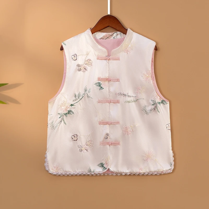 【粉黛】2025新款春季马甲新中式宽松立领绣花气质显瘦上衣马夹女款