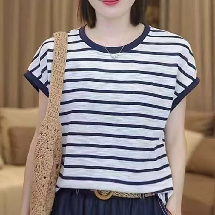 圆领 横条拼色短袖女T恤小衫时尚百搭洋气上衣