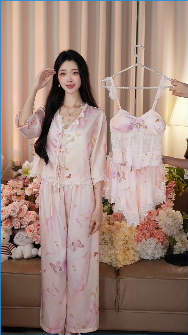 露娜专属【朱颜粉面】冰丝睡衣家居服春秋夏时尚显瘦性感女士套装