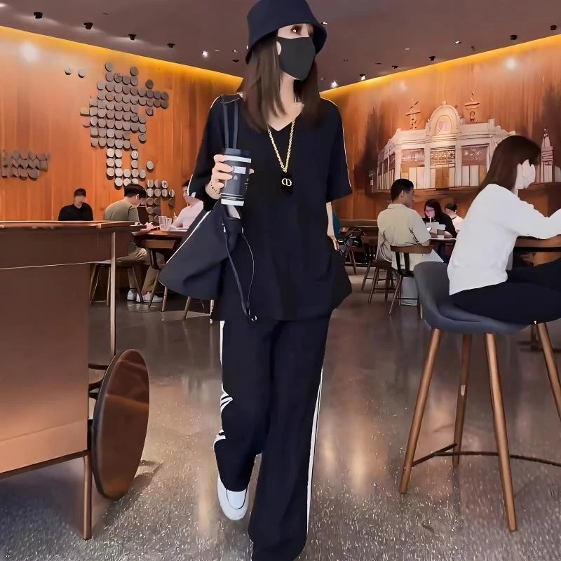 欧货品牌休闲运动套装女夏季时髦洋气减龄宽松短袖阔腿裤两件套潮