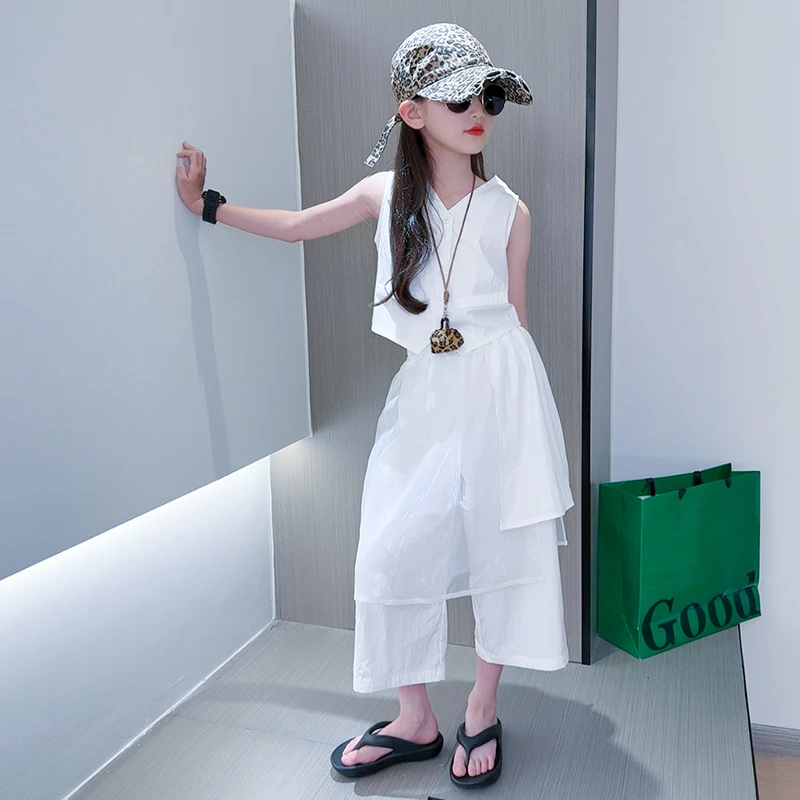 女童夏季套装休闲假两件八分裤中大童夏装复古气质马甲背心两件套