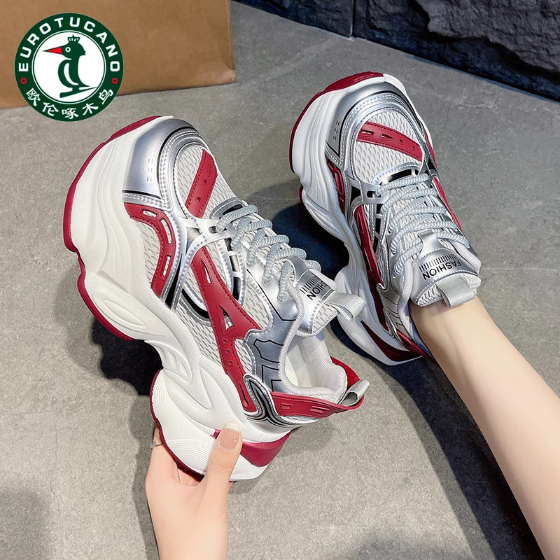 欧伦啄木鸟增高时尚休闲鞋老爹鞋女秋季潮流百搭运动鞋网面透气鞋
