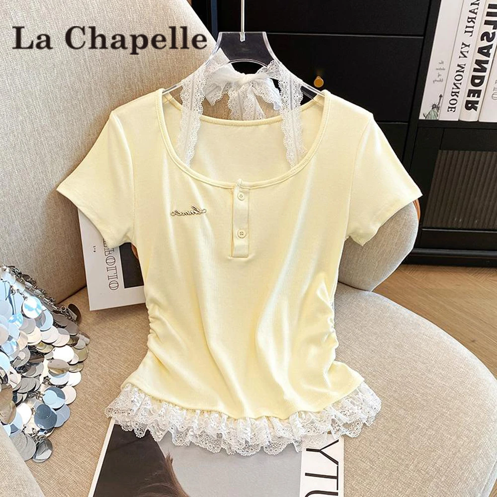 拉夏贝尔甜妹风方领挂脖蕾丝正肩短袖t恤女夏季修身收腰短款上衣