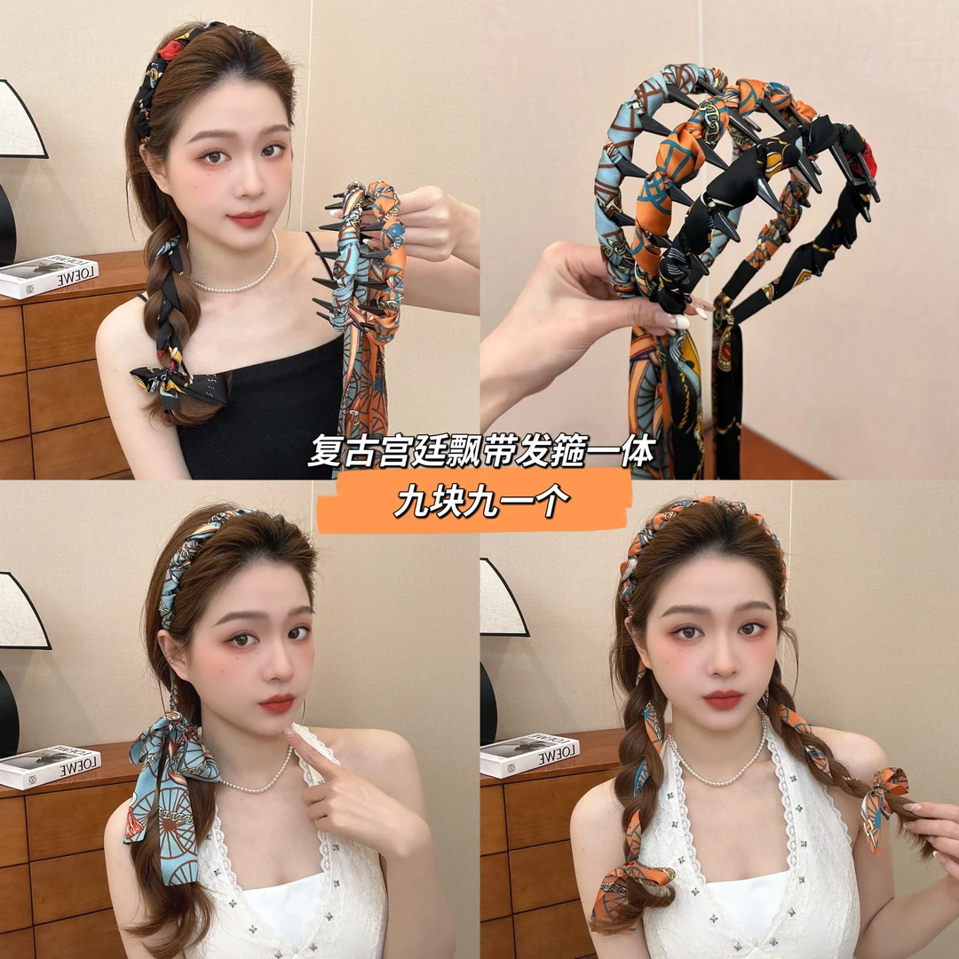 宫阙繁花飘带齿梳波浪高颅顶发箍正反两带复古宫廷发箍气质百搭