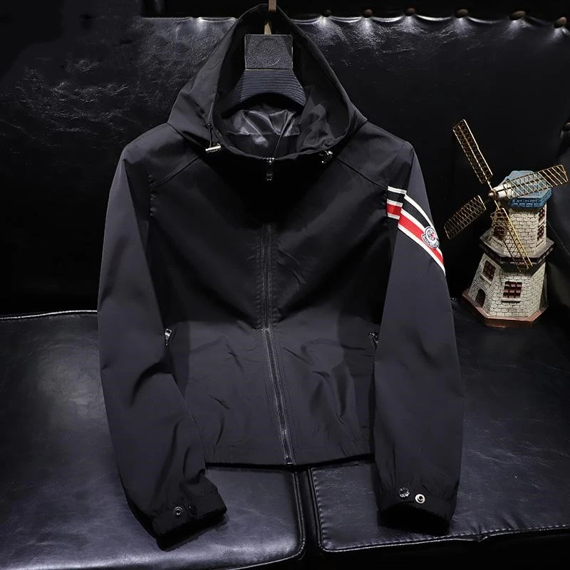 那因波勒条纹连帽夹克春秋季白色拼接上衣收口袖防风薄款速干外套