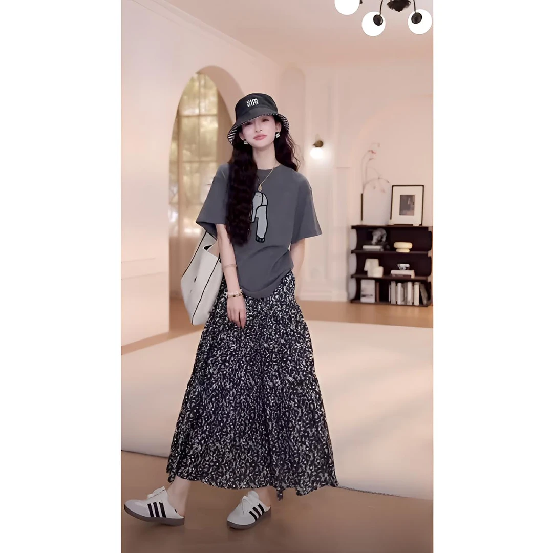 2025法式气质百搭休闲短袖上衣T恤高腰碎花时尚半身裙显瘦两件套