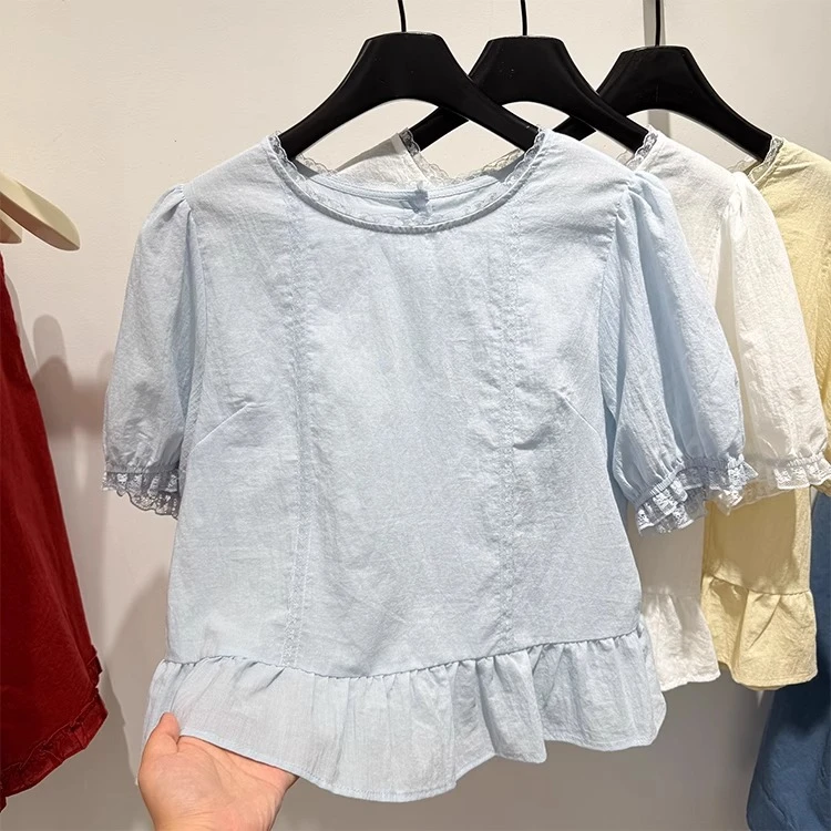 2025夏季新款韩版时尚圆领蕾丝拼接短袖宽松显瘦百搭上衣衬衫女