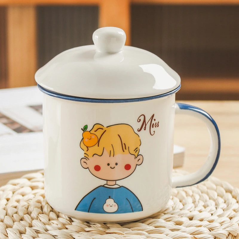 可爱复古杯子高颜值马克杯带盖勺男女孩陶瓷杯办公室咖啡杯伴手礼