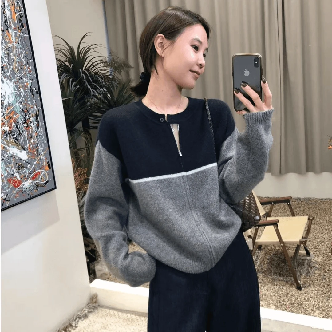 圆领撞色长袖毛衣针织外套+松紧腰慵懒风显瘦阔腿裤女BB50462