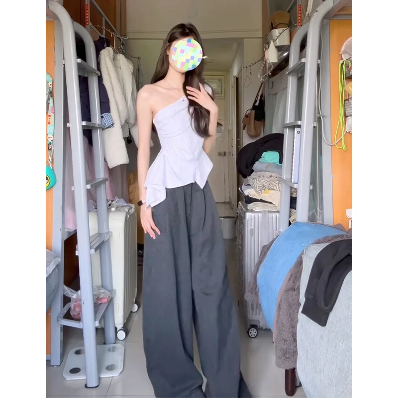 2025夏季新款韩系穿搭收腰露肩设计感上衣高腰宽松褶皱阔腿长裤