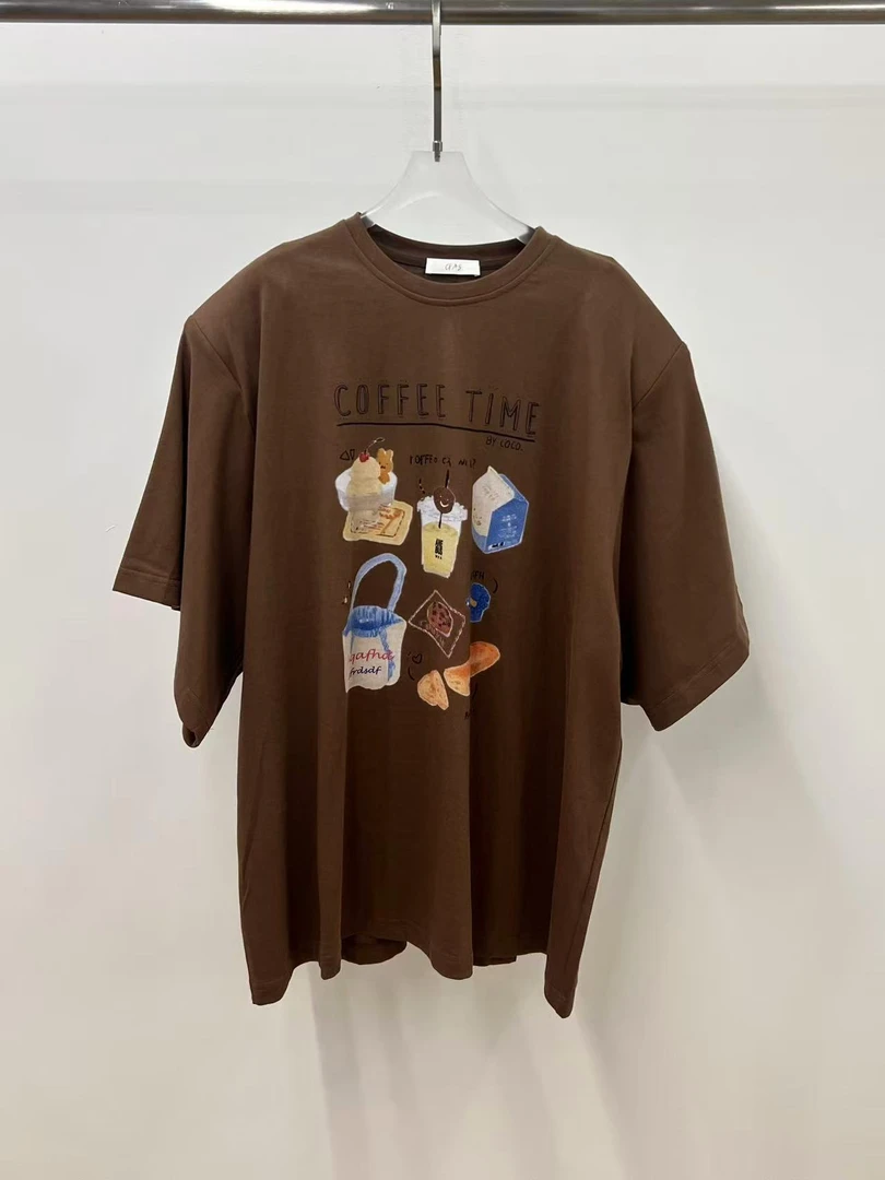 常规袖可爱风短袖吸汗T恤棕色休闲美式中性风零食印花250419-1