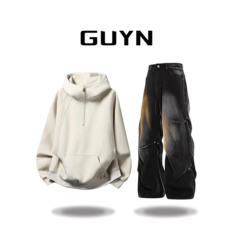 【品牌正品现货】GUYN中性风拉链卫衣男士秋冬季保暖连帽套头上衣服