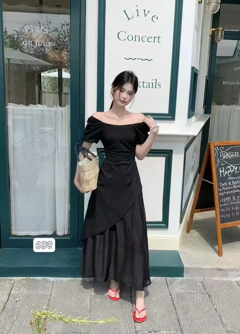 夏季新款法式温柔风杏色短袖方领收腰显瘦气质连衣裙638