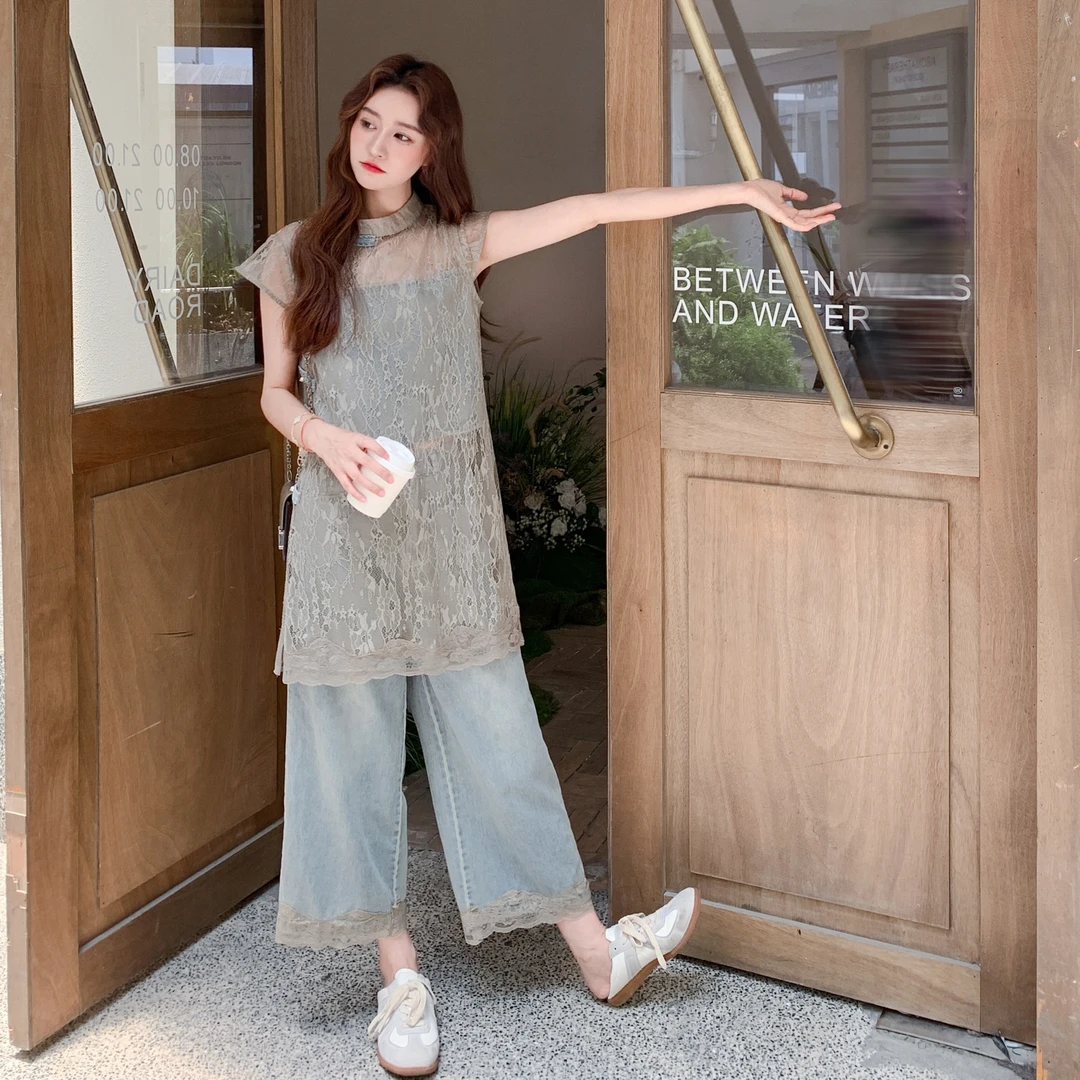 新中式独特别致套装女2025夏季新款蕾丝拼接牛仔上衣阔腿裤两件套