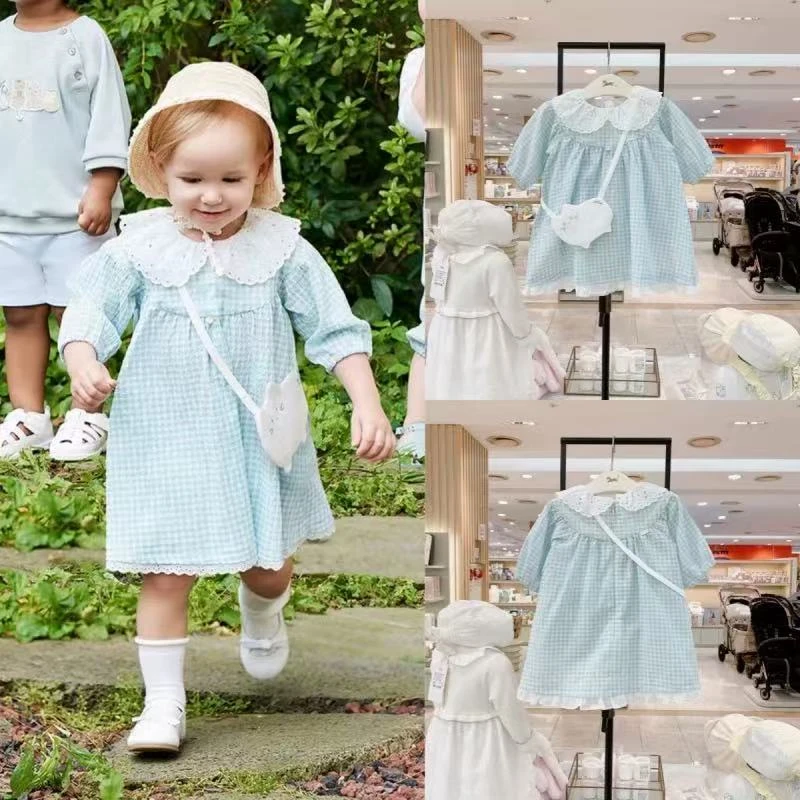 出口韩单  小马25夏女童宝宝蓝色小格子连衣裙+包+短裤