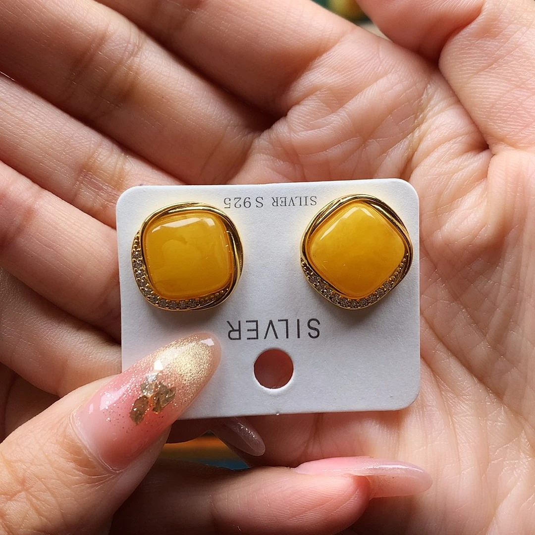 蜜蜡银S925镶嵌耳饰耳钉