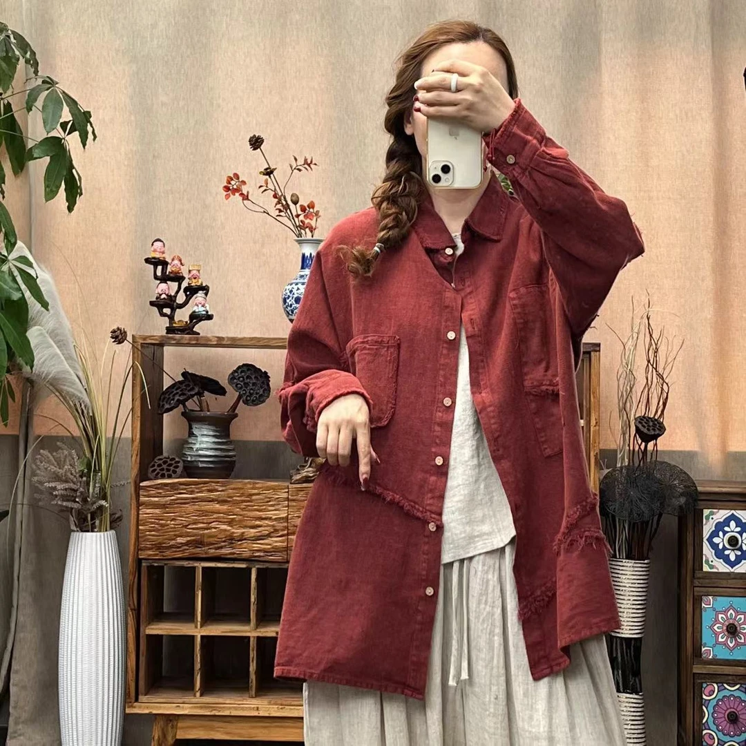 花璟与麻原创设计复古拼接手工拉毛边翻领衬衫（衣长71胸围136）